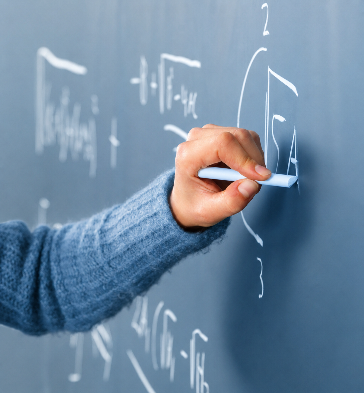 Hand schrijft formule op schoolbord